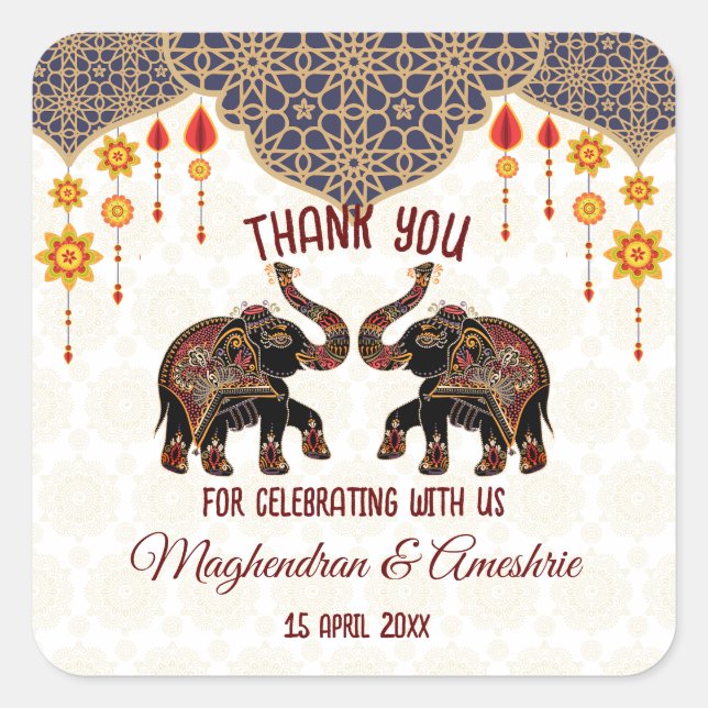 Verzierte indische Elefantenhochzeit personalisier Quadratischer Aufkleber (Vorderseite)