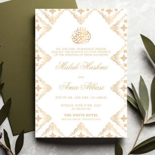 Verzierte islamische Hochzeit in Weiß und Gold Einladung