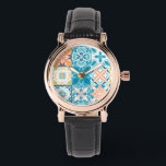 Verzierte Kacheln in Blau und Orange Armbanduhr<br><div class="desc">Handgezeichnet bunte Fliesen,  Blumendekoration,  verzierte Fliesen</div>