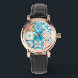 Verzierte Kacheln in Blau und Orange Armbanduhr<br><div class="desc">Handgezeichnet bunte Fliesen,  Blumendekoration,  verzierte Fliesen</div>