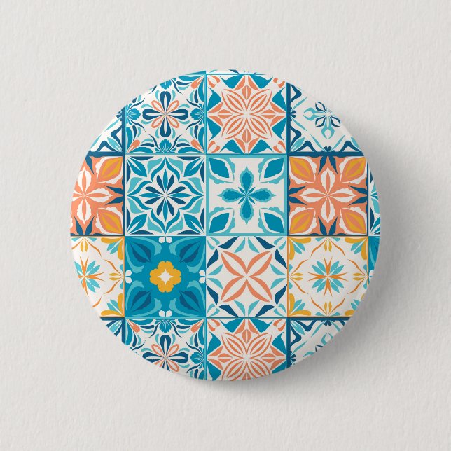 Verzierte Kacheln in Blau und Orange Button (Vorderseite)