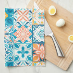 Verzierte Kacheln in Blau und Orange Geschirrtuch<br><div class="desc">Handgezeichnet bunte Fliesen,  Blumendekoration,  verzierte Fliesen</div>