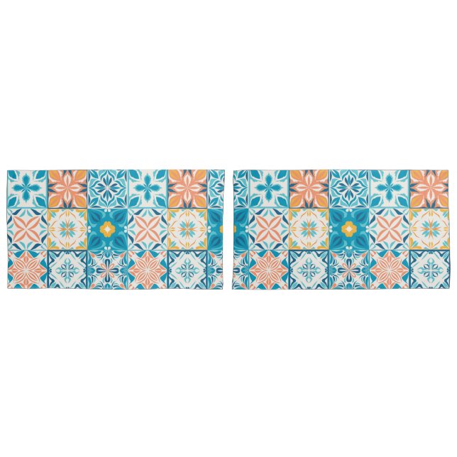 Verzierte Kacheln in Blau und Orange Kissenbezug (Vorderseite-Set)