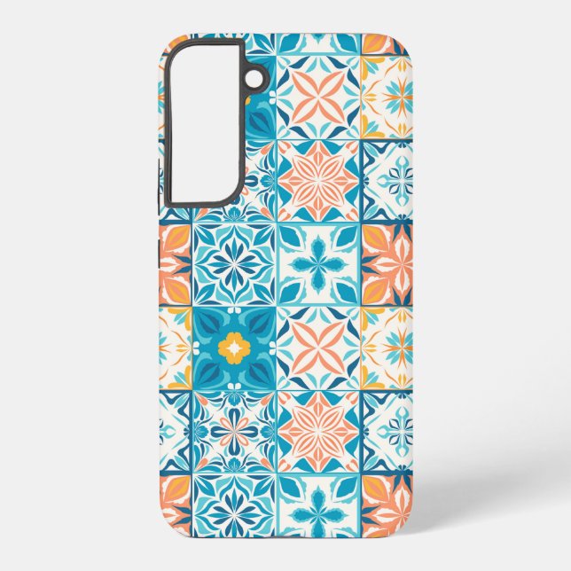 Verzierte Kacheln in Blau und Orange Samsung Galaxy Hülle (Rückseite)