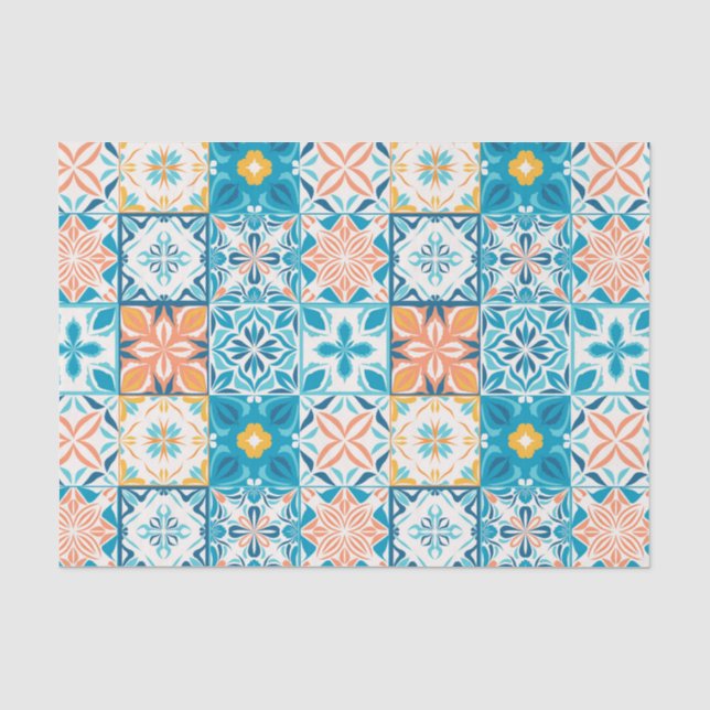 Verzierte Kacheln in Blau und Orange Seidenpapier (Vorderseite)