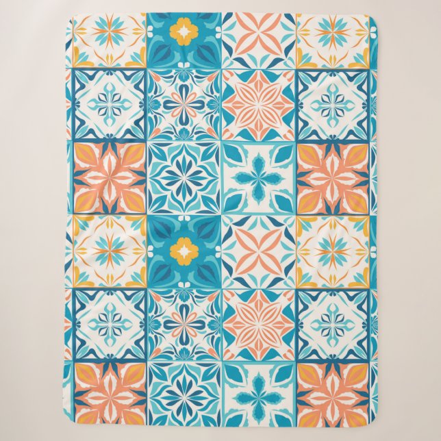 Verzierte Kacheln in Blau und Orange Sherpadecke (Vorderseite)