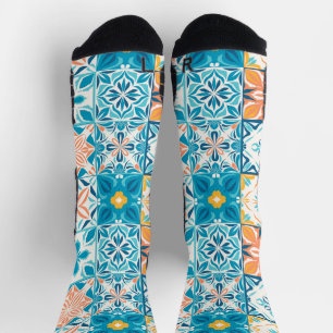 Verzierte Kacheln in Blau und Orange Socken