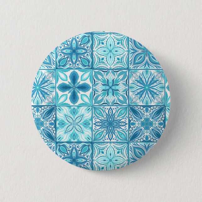 Verzierte Kacheln in Blau und Weiß Button (Vorderseite)