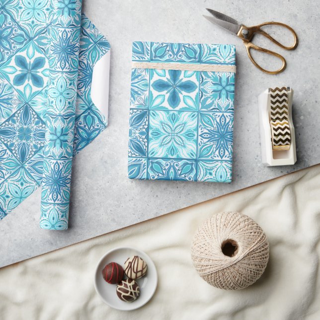 Verzierte Kacheln in Blau und Weiß Geschenkpapier (Basteln)