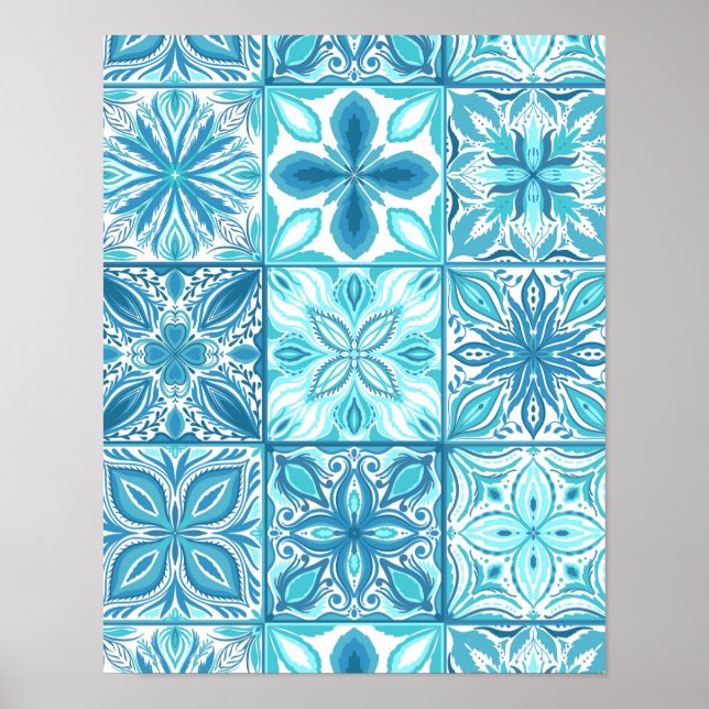 Verzierte Kacheln in Blau und Weiß Poster (Vorne)