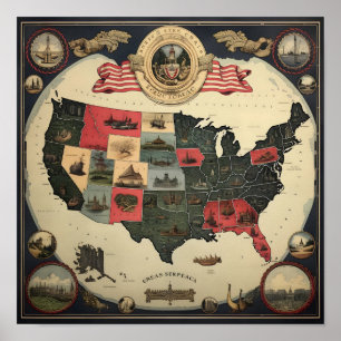 Verzierte Karte der USA Poster
