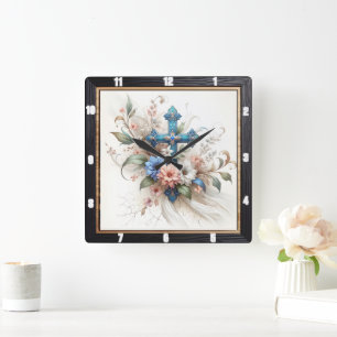 Verzierte Kreuz-Blumen-Eleganz Quadratische Wanduhr