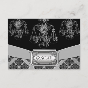 Verzierte Kronleuchter-Hochzeit in Silber und Schw RSVP Karte
