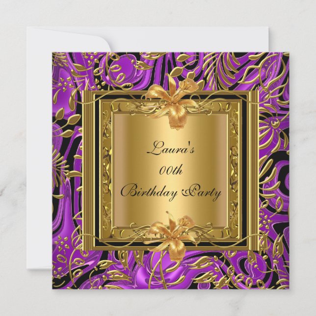 Verzierte Lila Gold Damask Geburtstagspartei Einladung (Vorderseite)