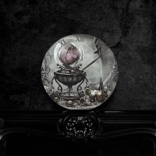Verzierte Lila Kristallkugel- und Hexenkunstwaren Runde Wanduhr (Von Creator hochgeladen)
