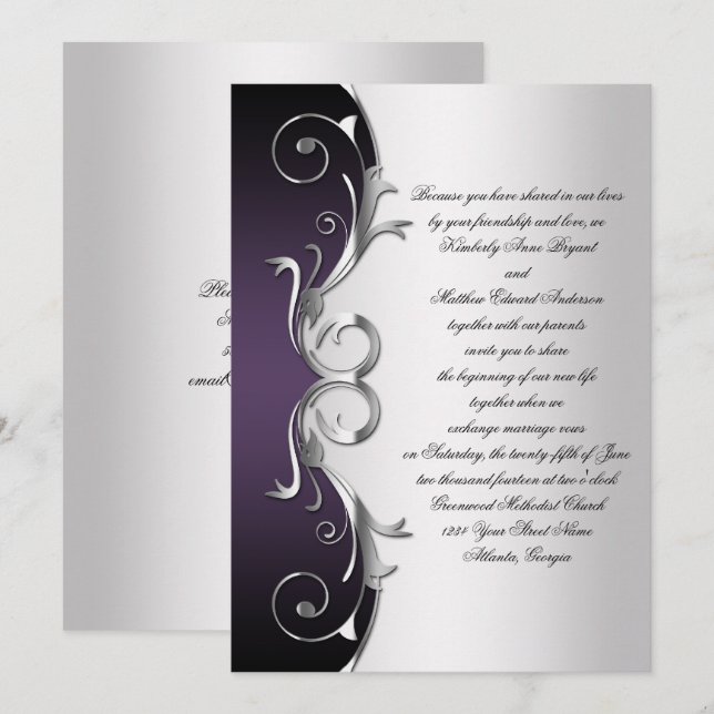 Verzierte Lila Schwarz-Silber-Hochzeit Einladung (Vorne/Hinten)