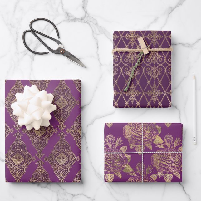 VERZIERTE LILA UND GOLD-PATTER & BLUME GESCHENKPAPIER SET (Vorderseite)