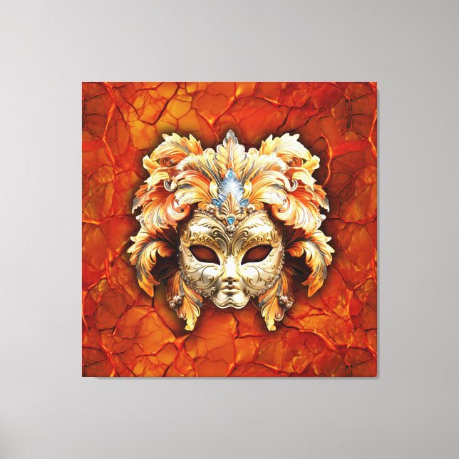 Verzierte Maske mit Orange Feathers im roten Hinte Leinwanddruck (Vorderseite)