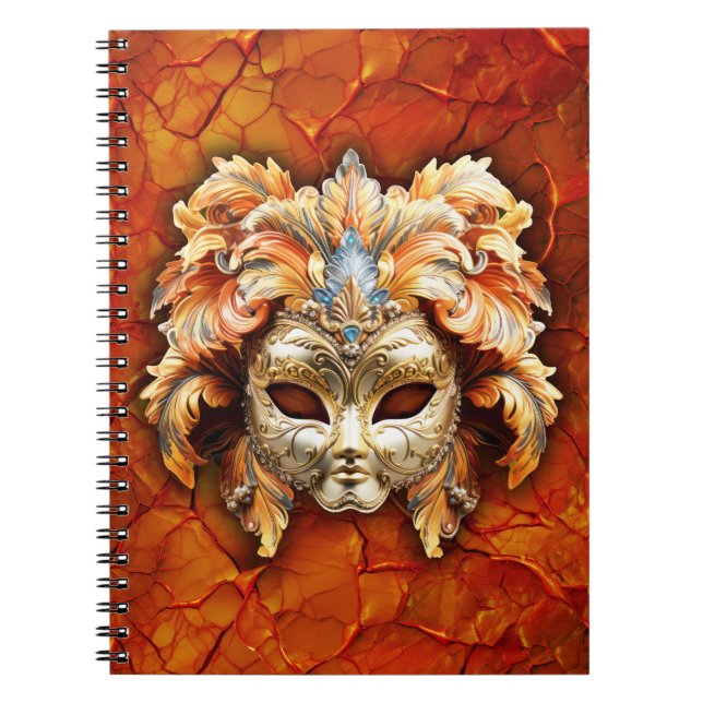 Verzierte Maske mit Orange Feathers im roten Hinte Notizblock (Vorderseite)