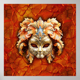 Verzierte Maske mit Orange Feathers im roten Hinte Poster