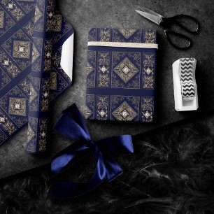 Verzierte Opulenz Blauer und Goldschmuck Geblüht Geschenkpapier