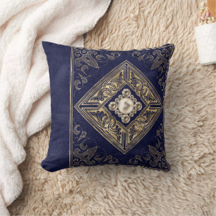 Verzierte Opulenz   Blauer und Goldschmuck Geblüht Kissen