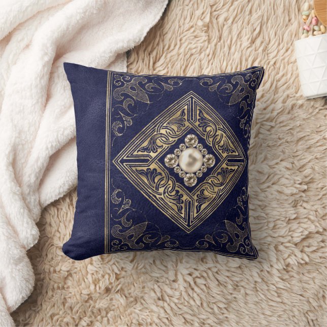 Verzierte Opulenz | Blauer und Goldschmuck Geblüht Kissen (Decke)