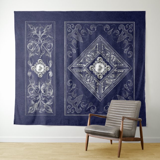 Verzierte Opulenz | Blauer und Silberschmuck Geblü Wandteppich (Beispiel (Horizontal))