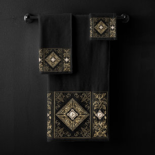 Verzierte Opulenz Schwarz-Gold-Juwelen-Blüh Badhandtuch Set