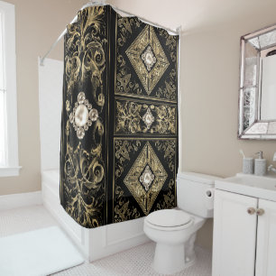 Verzierte Opulenz Schwarz-Gold-Juwelen-Blüh Duschvorhang