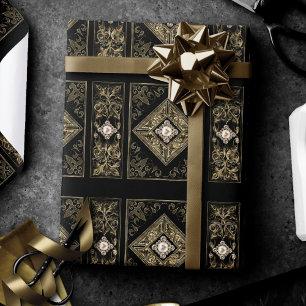 Verzierte Opulenz   Schwarz-Gold-Juwelen-Blüh Geschenkpapier