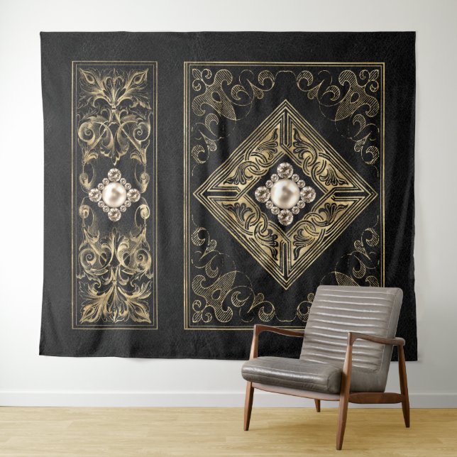 Verzierte Opulenz | Schwarz-Gold-Juwelen-Blüh Wandteppich (Beispiel (Horizontal))
