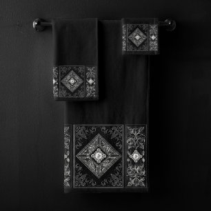 Verzierte Opulenz   Schwarzer und Silberschmuck Ge Badhandtuch Set