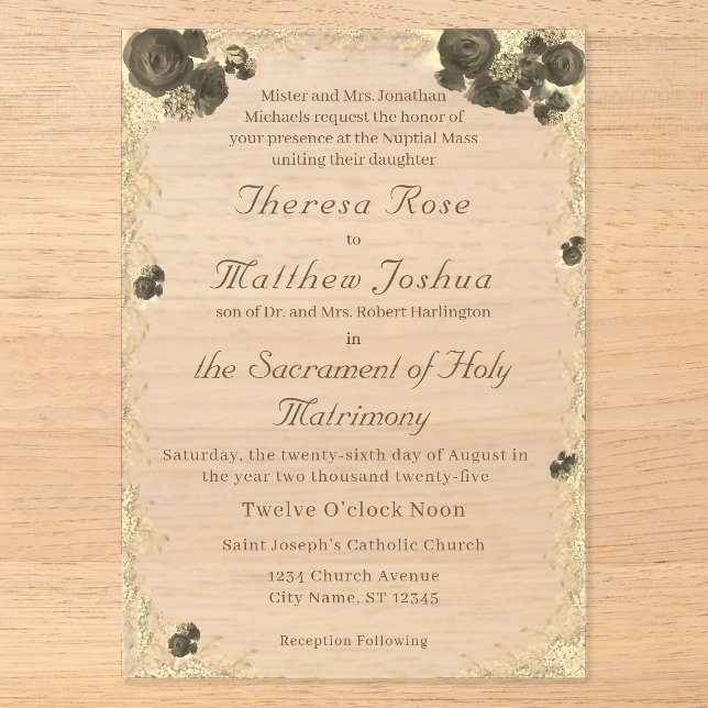Verzierte Rose Katholische Hochzeitseinladung Acryleinladungen (Vorderseite)