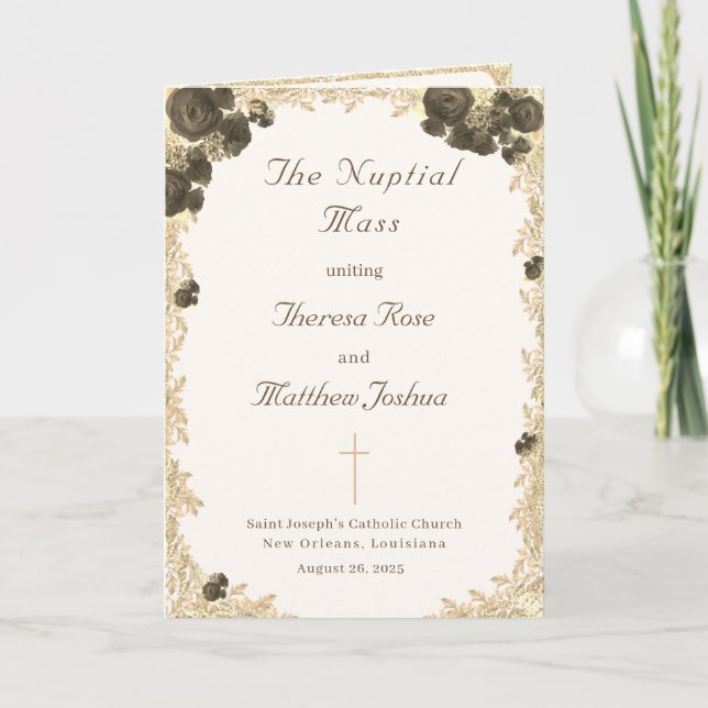 Verzierte Rose katholisches Hochzeitsprogramm Programm (Vorderseite)