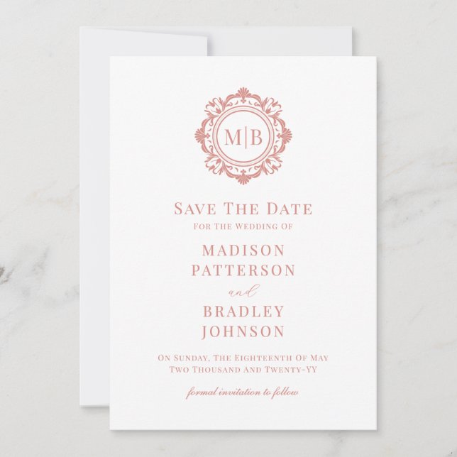 Verzierte Rose-Monogramm-Hochzeit Save The Date (Vorderseite)