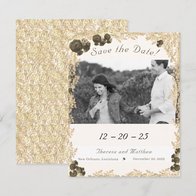 Verzierte Rose Save the Date Karte (Vorne/Hinten)