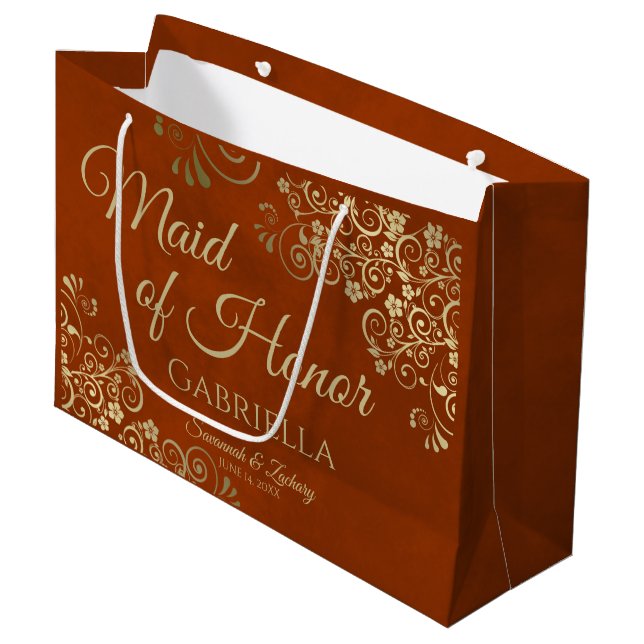 Verzierte Rost Orange & Gold Trauzeugin Hochzeit Große Geschenktüte (Vorderseite Schrägansicht)