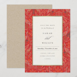 Verzierte Rote Klasse Blumenpfaue Save the Date Einladung