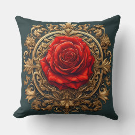 Verzierte Rote Rose mit goldbarocken Rahmen Kissen