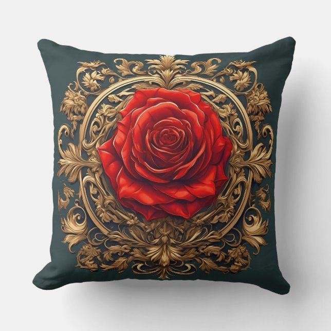 Verzierte Rote Rose mit goldbarocken Rahmen Kissen (Vorderseite)
