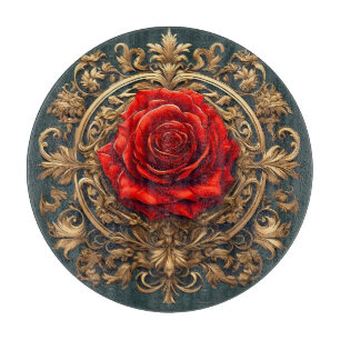 Verzierte rote Rose mit goldenem Barockrahmen Schneidebrett