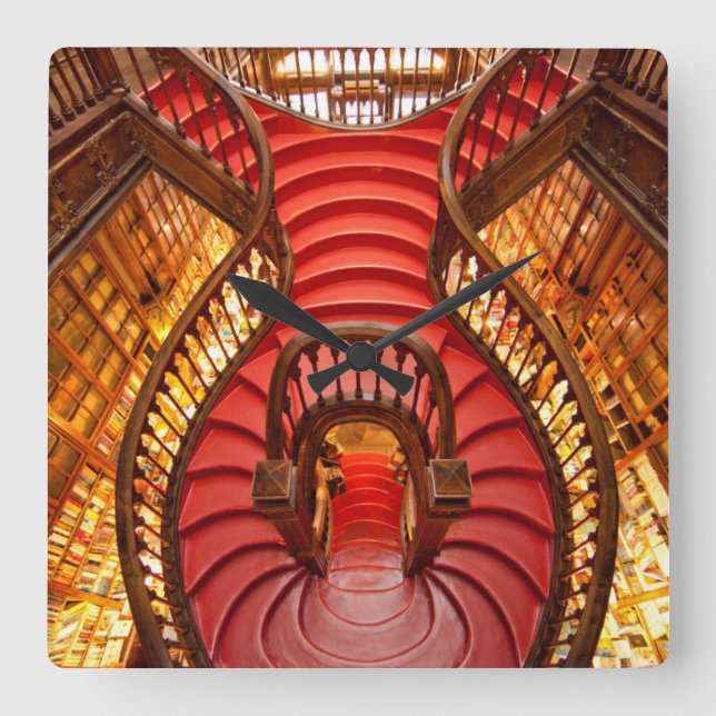 Verzierte rote Treppe, Portugal Quadratische Wanduhr (Vorderseite)