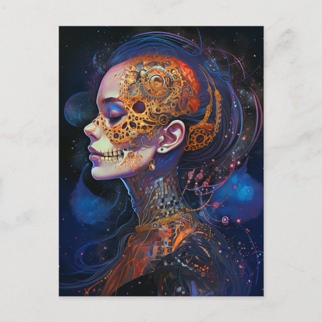 Verzierte Schädelfrau Surreal Art Postkarte (Vorderseite)