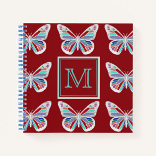 Verzierte Schmetterlinge Burgunder Muster Monogram Notizbuch