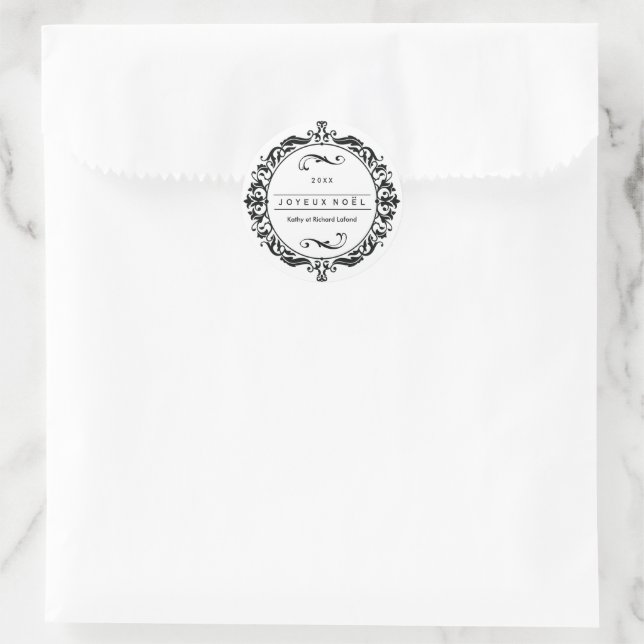Verzierte Schwarz-Weiß-Joyeux-Noël-Stickers Runder Aufkleber (Tasche)
