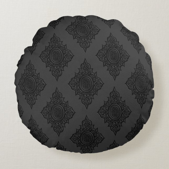 VERZIERTE SCHWARZE GOTHISCHE PATTER RUNDES KISSEN (Vorderseite)