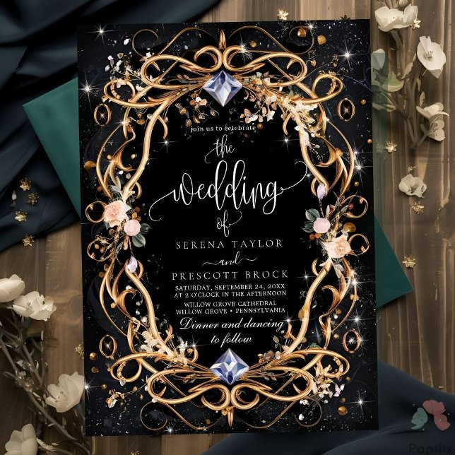 Verzierte Schwarze Hochzeit mit Gold und Diamanten Einladung (Von Creator hochgeladen)