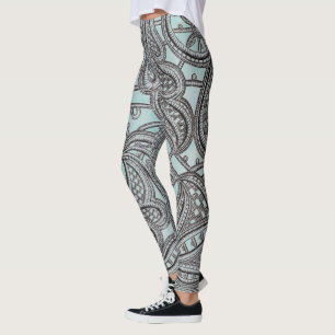 Verzierte schwarze Spitze und aquamarines Muster Leggings