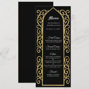 Verzierte schwarze und goldene gotische Hochzeitsm Menükarte